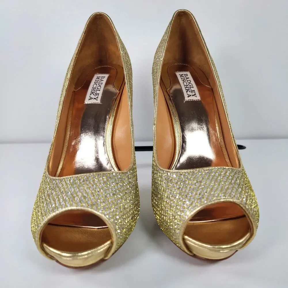 Badgley Mischka Glitter Platform Peep Toe Pumps Gold Stiletto Heels 10M